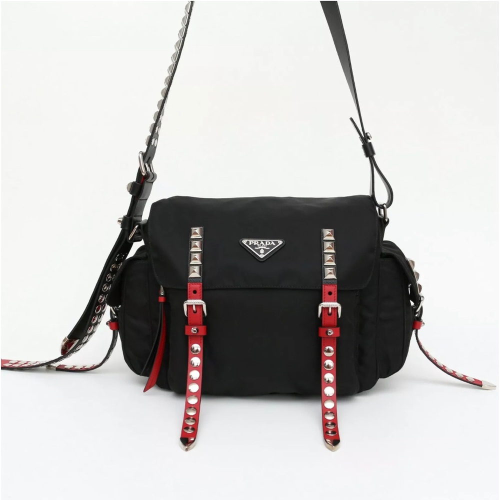 PRADA Black Red New Vela Nylon Studded Shoulder Bag Messenger RRP $1990